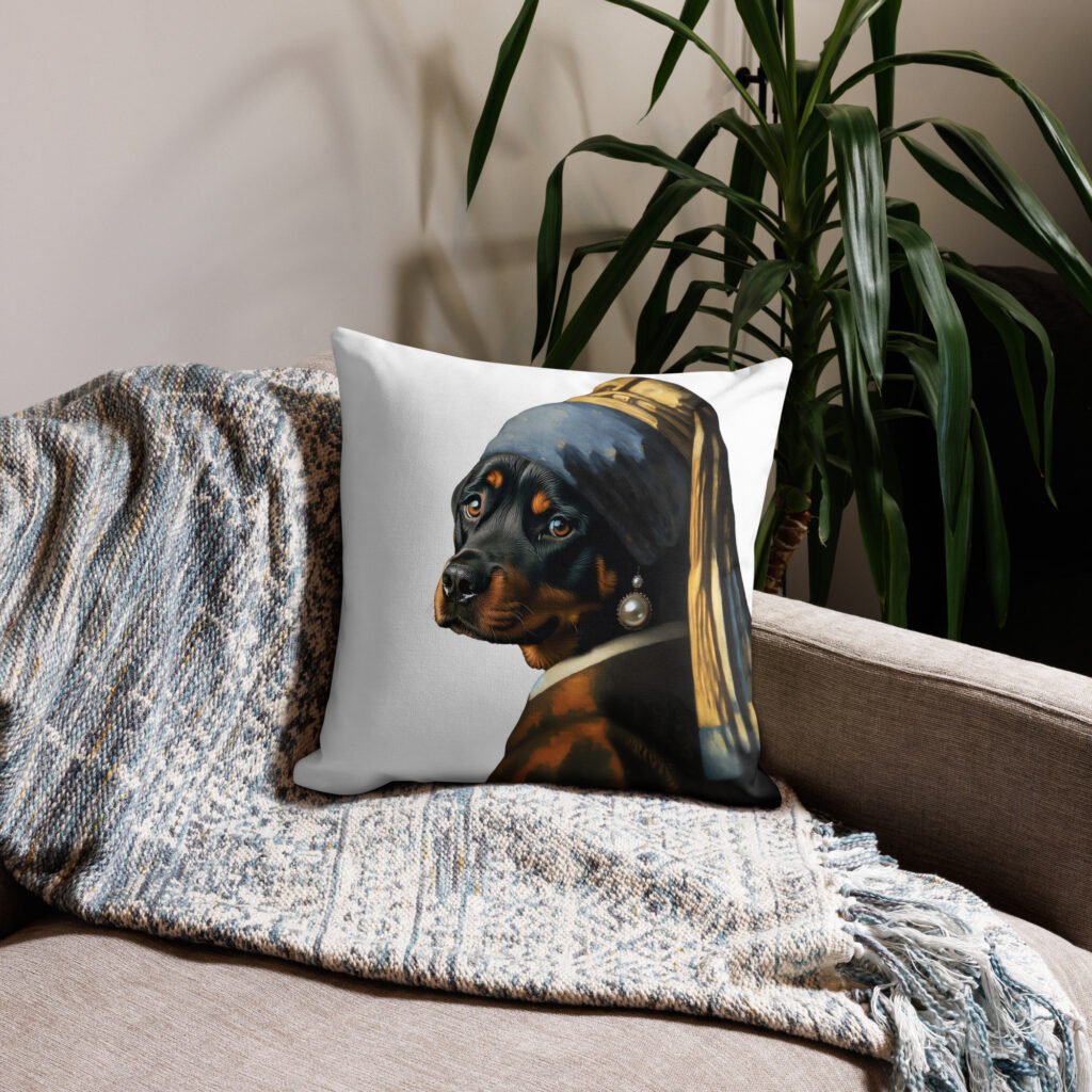 Rottweiler with Pearl Earring – Premium White Pillow