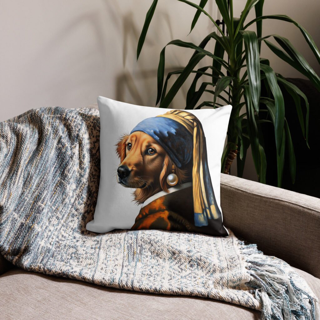 Golden Retriever with Pearl Earring – White Premium Pillow