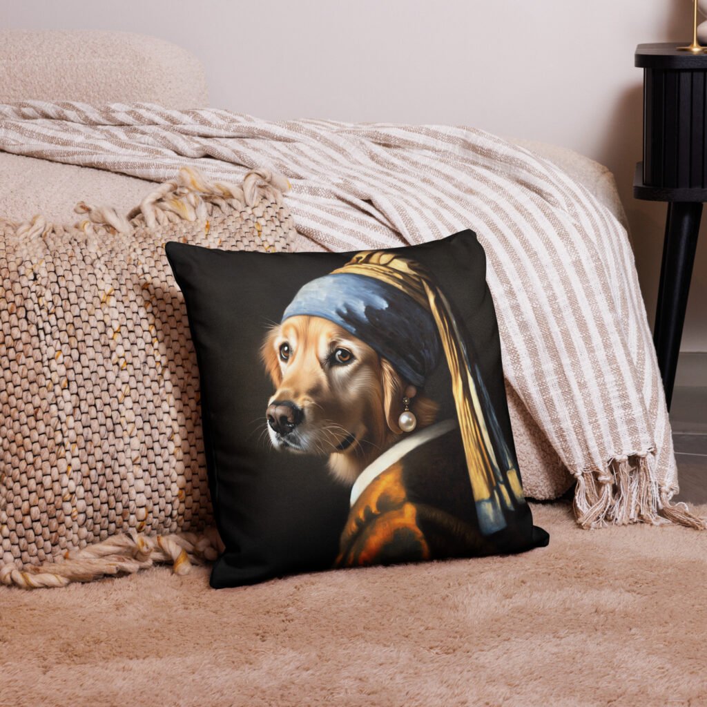 Golden Retriever with Pearl Earring – Premium Pillow