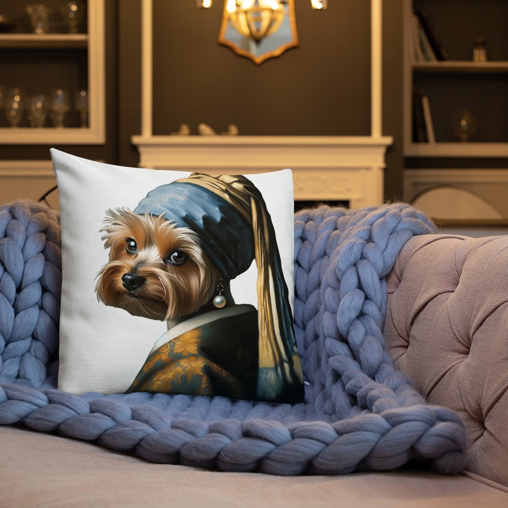 Yorkshire Terrier with Pearl Earring – White Premium Pillow