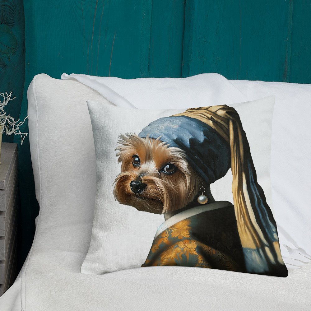 Yorkshire Terrier with Pearl Earring – White Premium Pillow