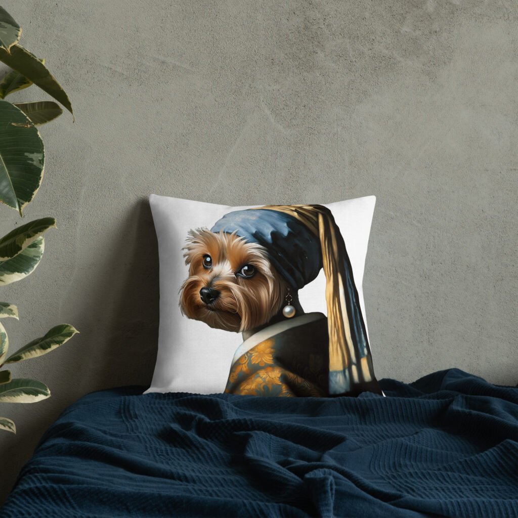 Yorkshire Terrier with Pearl Earring – White Premium Pillow