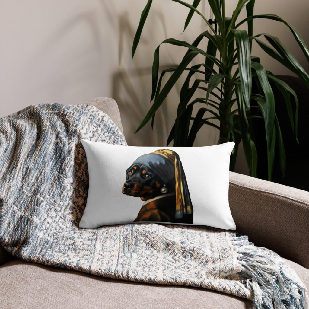 Rottweiler with Pearl Earring – Premium White Pillow