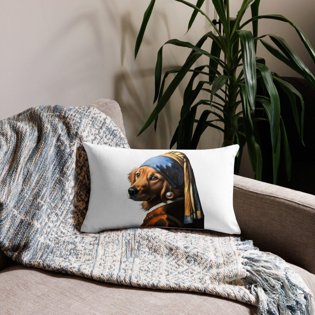 Golden Retriever with Pearl Earring – White Premium Pillow