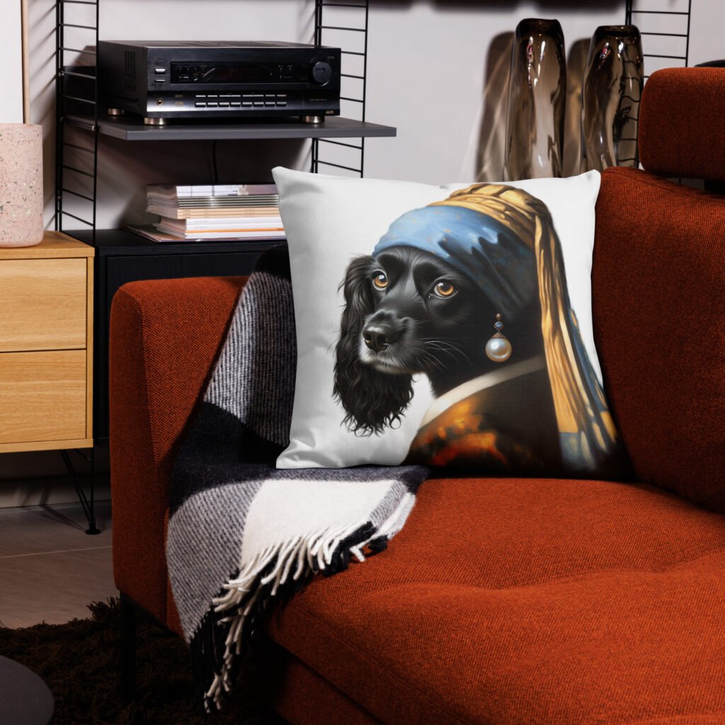 Black Cocker Spaniel with Pearl Earring – Premium White Pillow