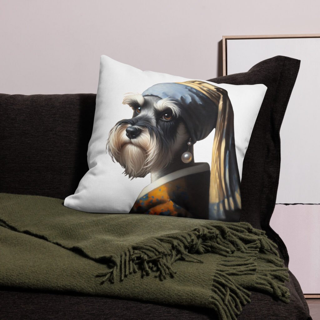 Miniature Schnauzer with Pearl Earring –  Premium White Pillow