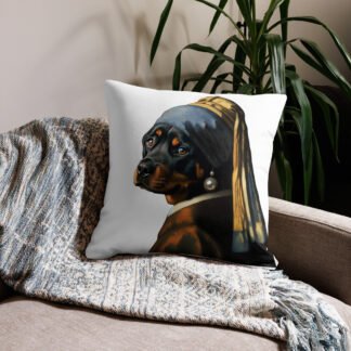 Rottweiler with Pearl Earring – Premium White Pillow - 22×22