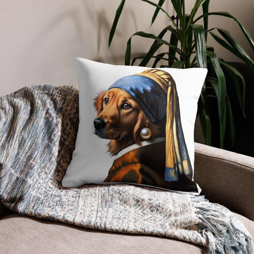 Golden Retriever with Pearl Earring – White Premium Pillow