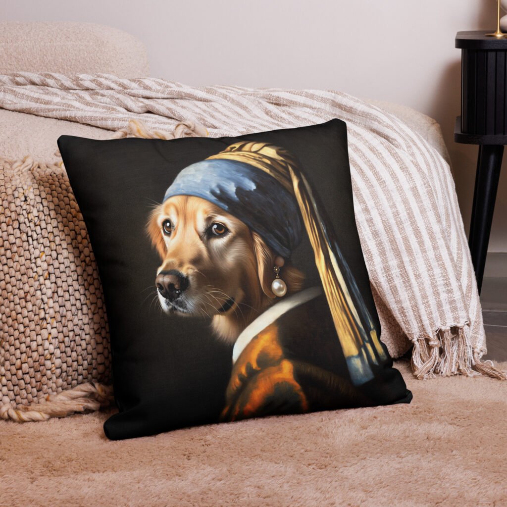 Golden Retriever with Pearl Earring – Premium Pillow