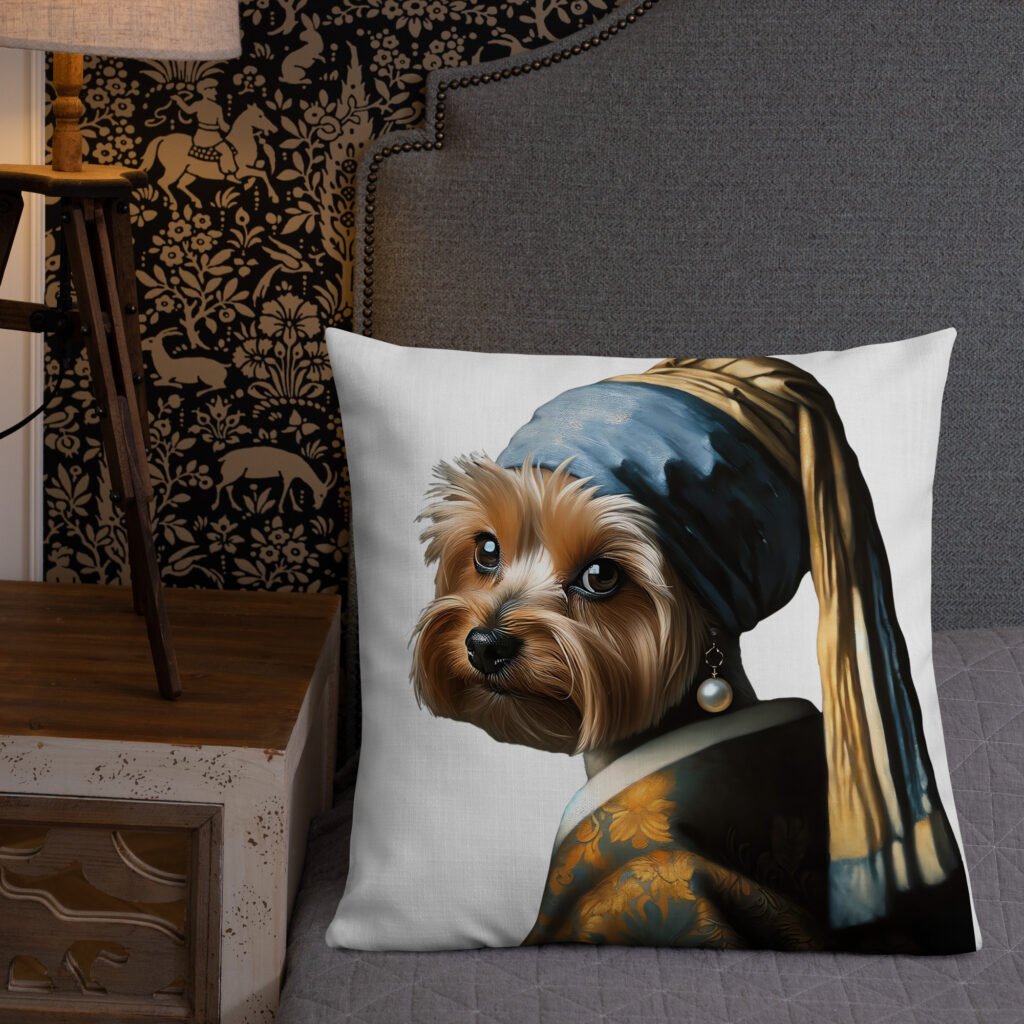 Yorkshire Terrier with Pearl Earring – White Premium Pillow