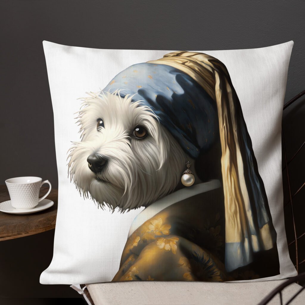 West Terrier with Pearl Earring – White Premium Pillow