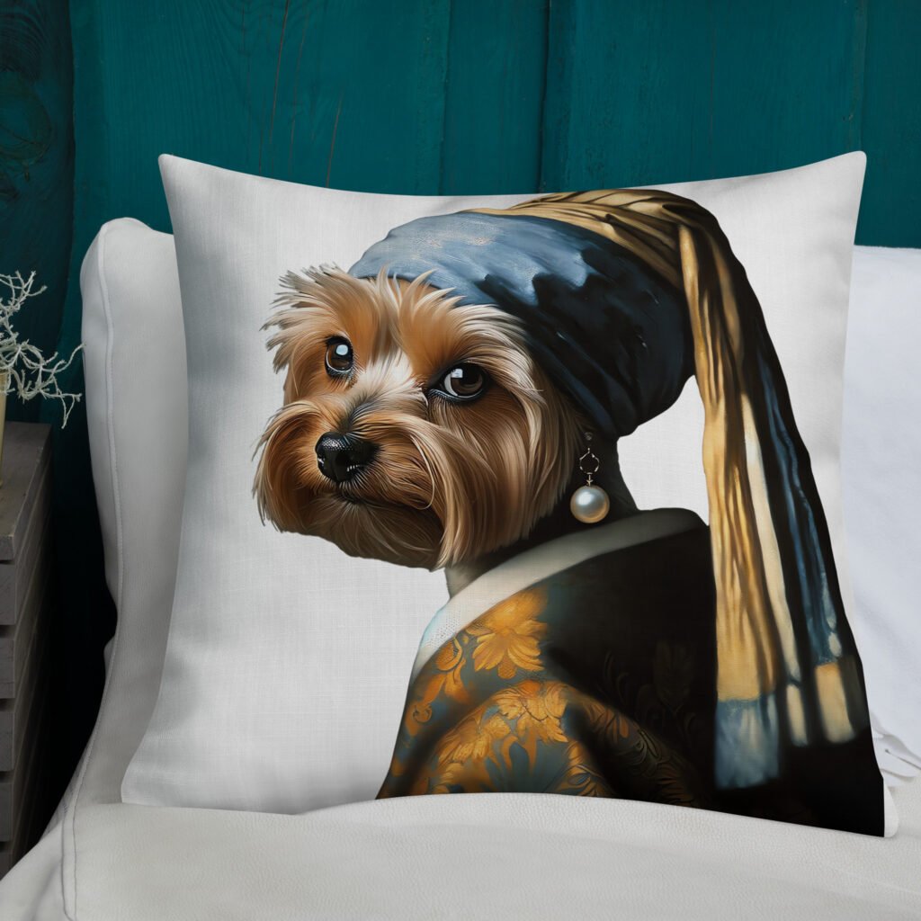 Yorkshire Terrier with Pearl Earring – White Premium Pillow