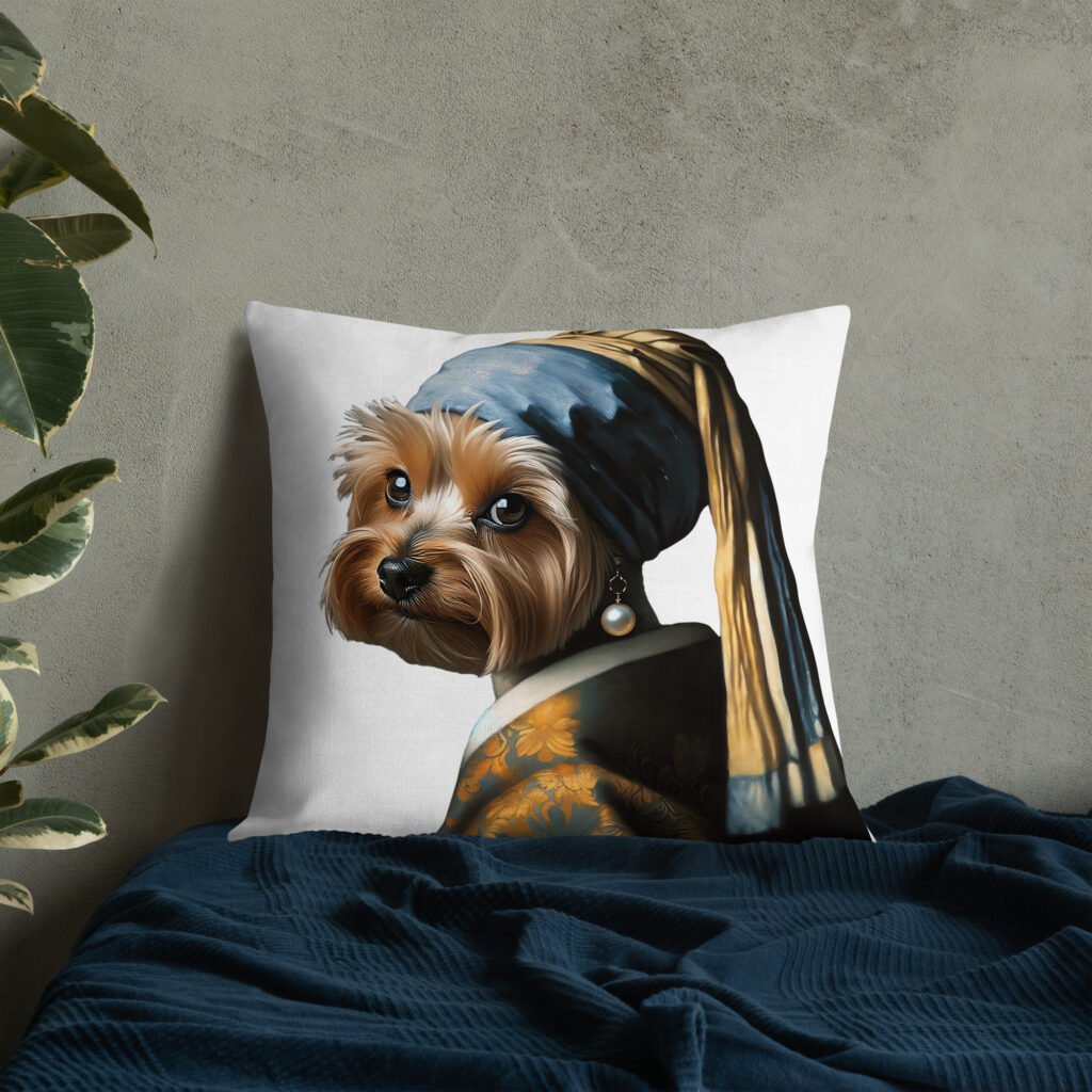 Yorkshire Terrier with Pearl Earring – White Premium Pillow