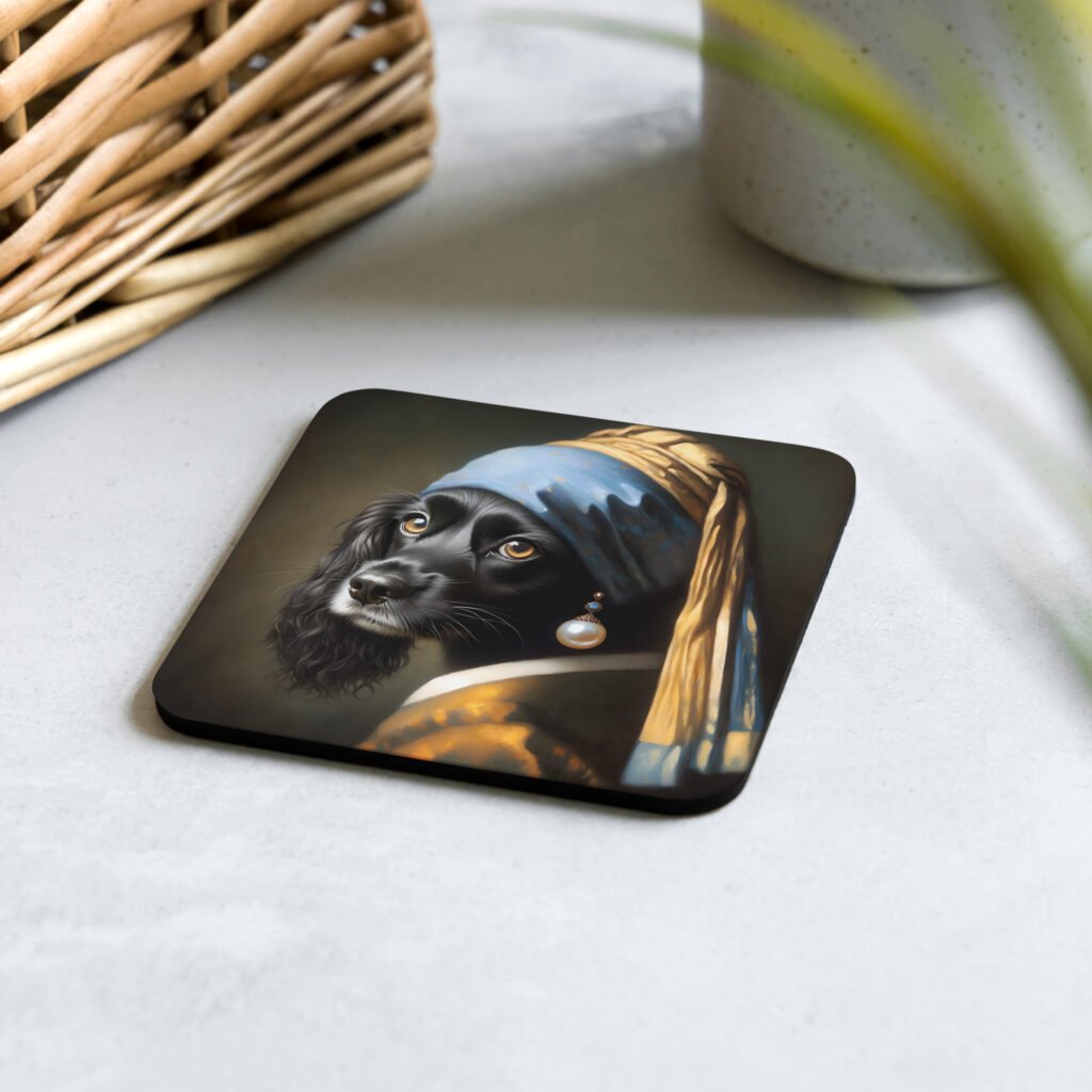 Black Cocker Spaniel with Pearl Earring – Black cork-back coaster