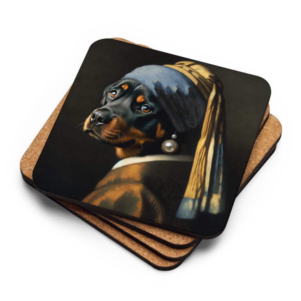 Rottweiler with Pearl Earring – Cork-back coaster