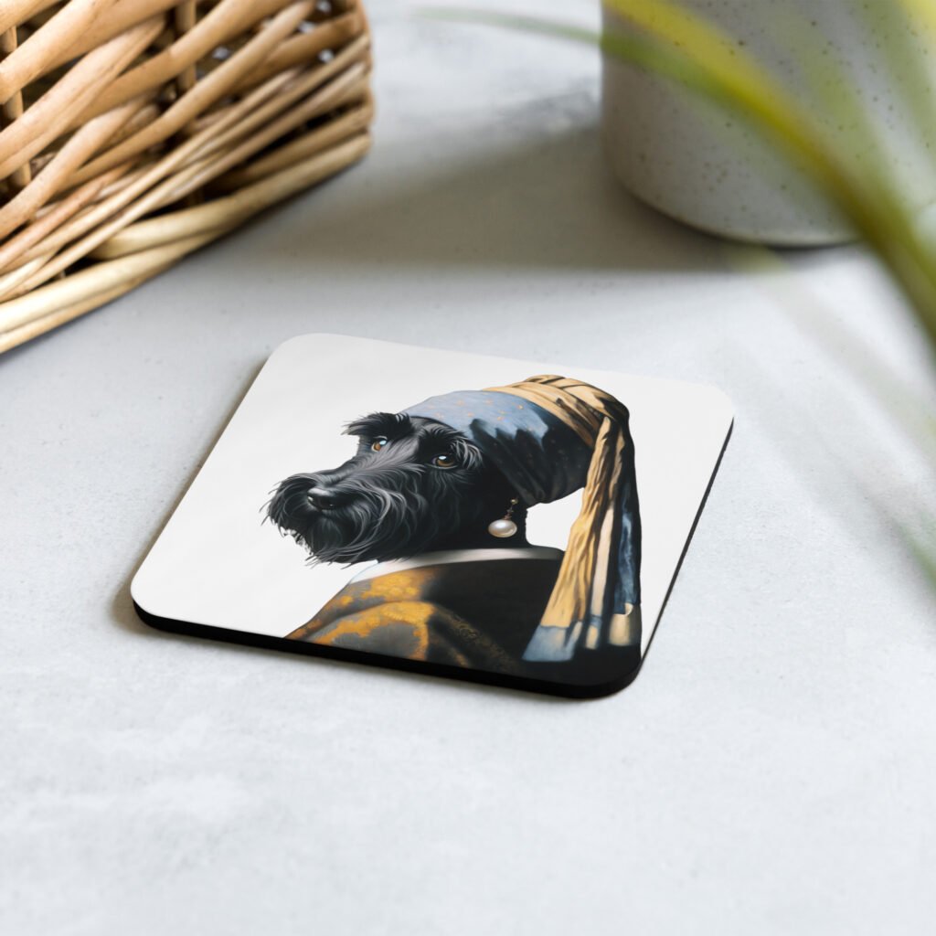 Scottish Terrier with Pearl Earring – White Cork-back coaster