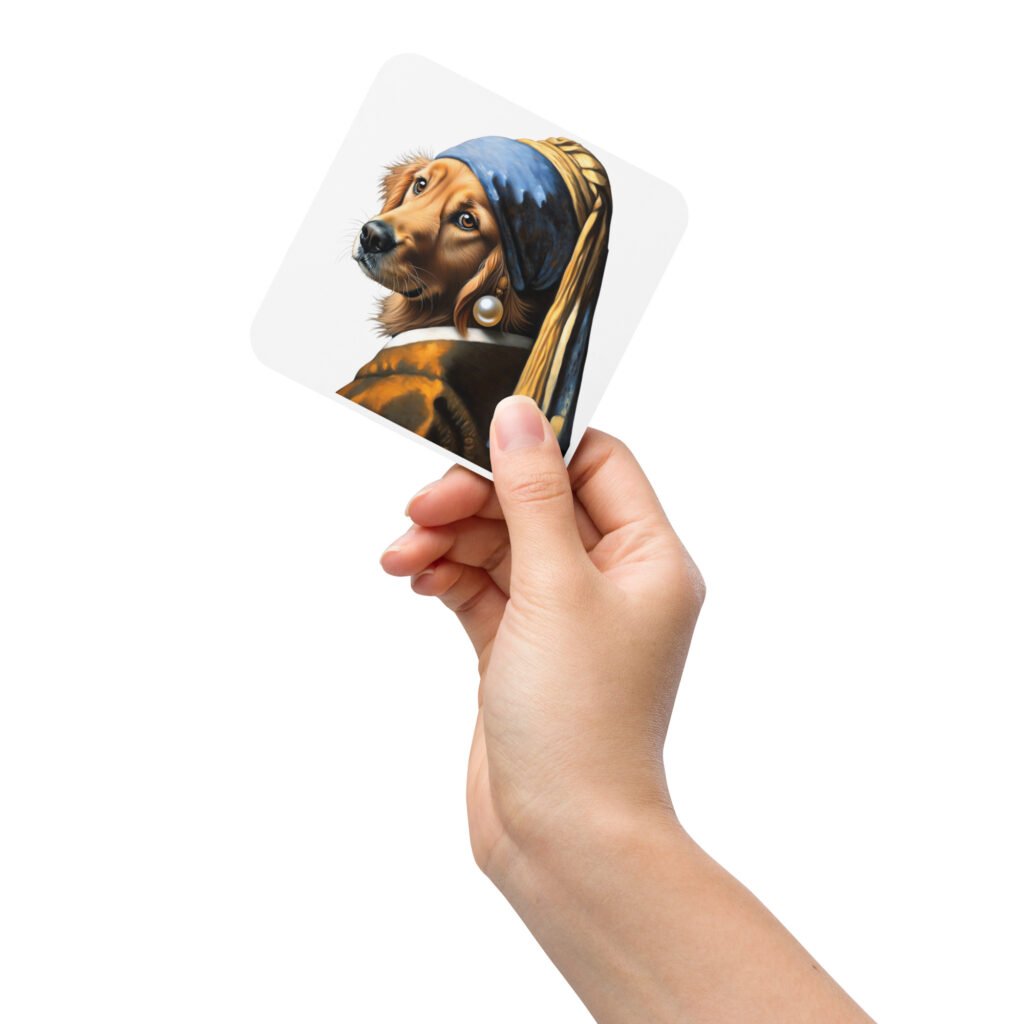 Golden Retriever with Pearl Earring – White Cork-back coaster