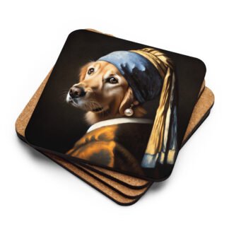 Golden Retriever with Pearl Earring – Cork-back coaster