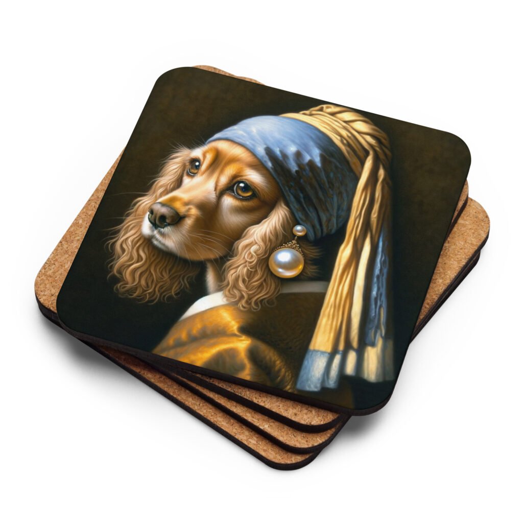 Golden Cocker Spaniel with Pearl Earring – White cork-back coaster